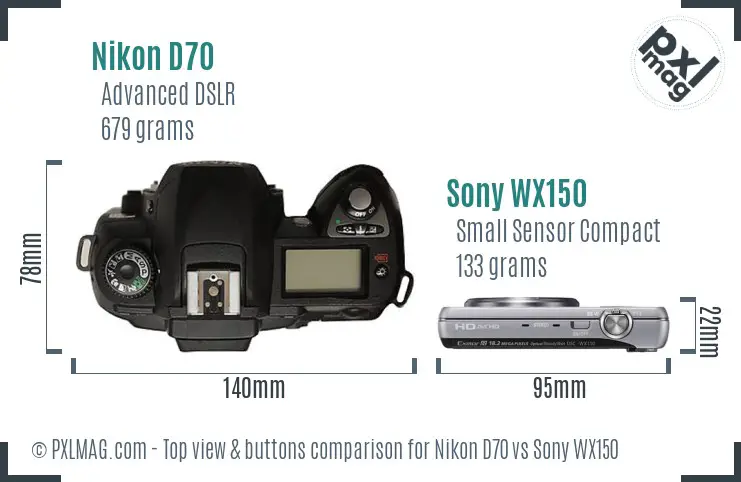 Nikon D70 vs Sony WX150 top view buttons comparison