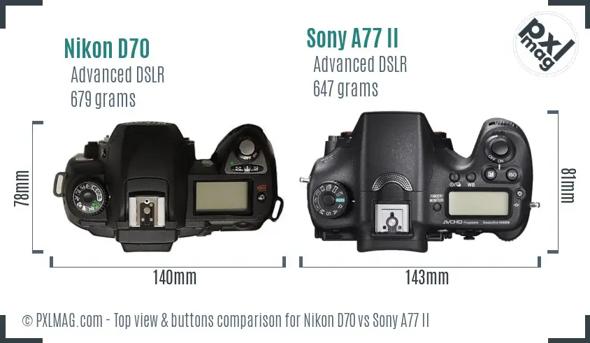 Nikon D70 vs Sony A77 II top view buttons comparison