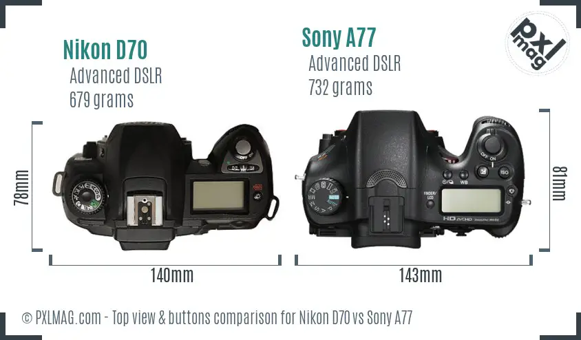 Nikon D70 vs Sony A77 top view buttons comparison