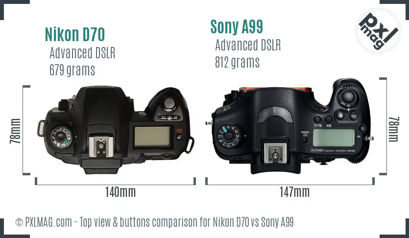 Nikon D70 vs Sony A99 top view buttons comparison