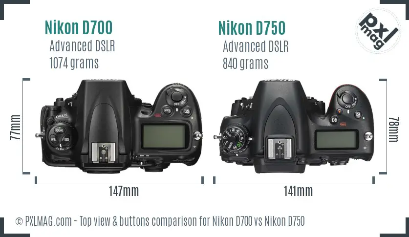 Nikon D700 vs Nikon D750 top view buttons comparison