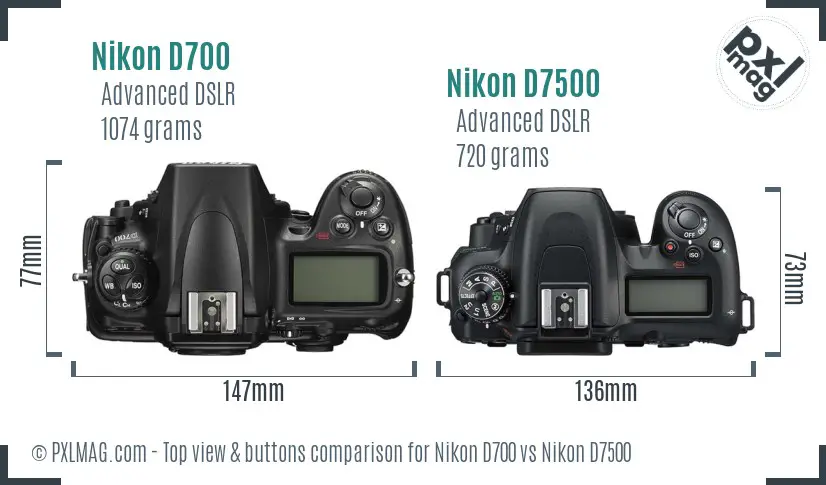 Nikon D700 vs Nikon D7500 top view buttons comparison