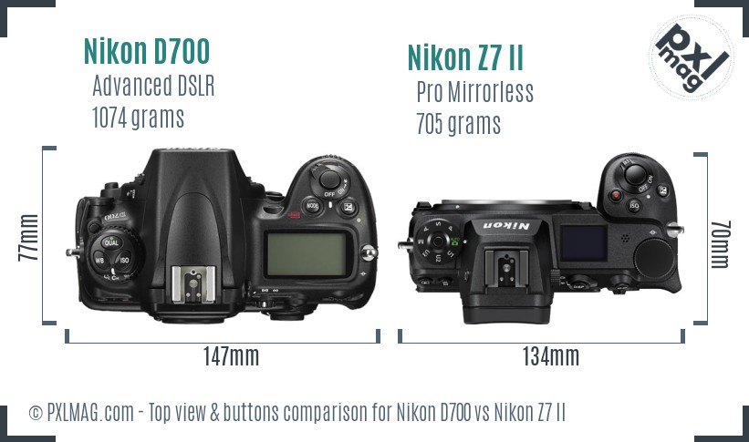 Nikon D700 vs Nikon Z7 II top view buttons comparison