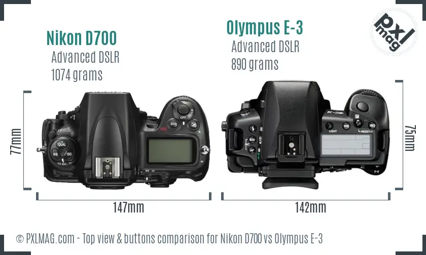 Nikon D700 vs Olympus E-3 top view buttons comparison