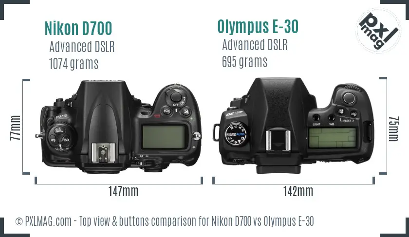 Nikon D700 vs Olympus E-30 top view buttons comparison