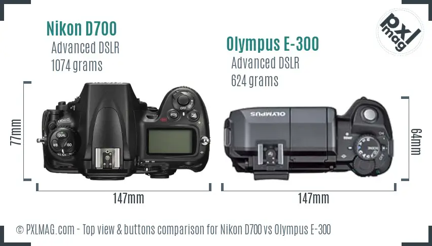 Nikon D700 vs Olympus E-300 top view buttons comparison