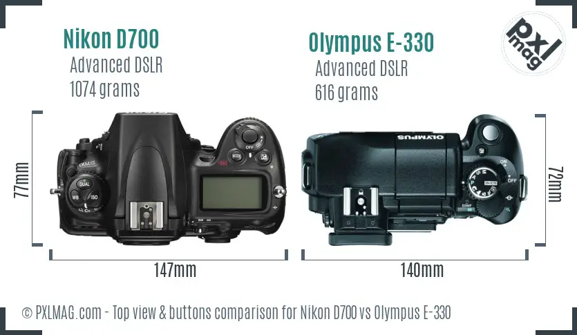 Nikon D700 vs Olympus E-330 top view buttons comparison