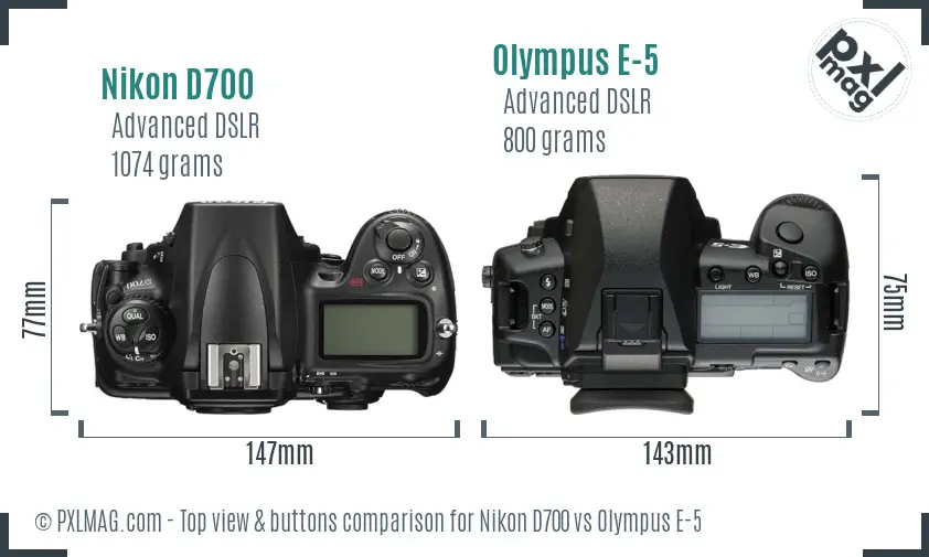 Nikon D700 vs Olympus E-5 top view buttons comparison