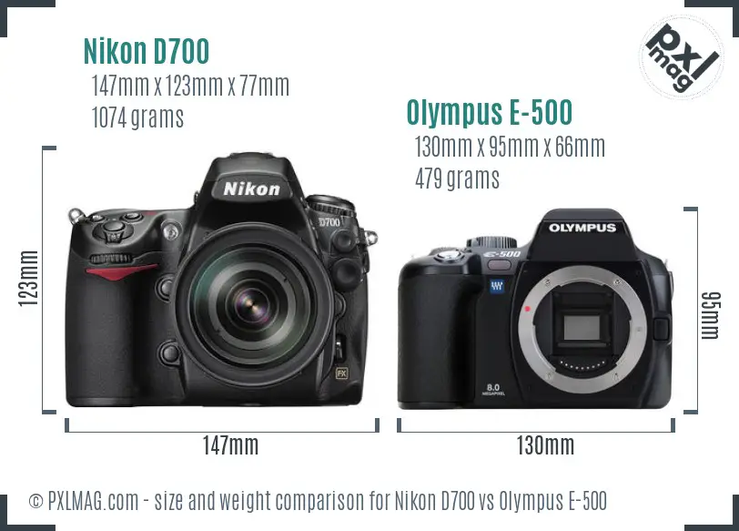 Nikon D700 vs Olympus E-500 size comparison