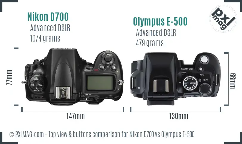Nikon D700 vs Olympus E-500 top view buttons comparison