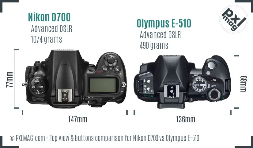 Nikon D700 vs Olympus E-510 top view buttons comparison