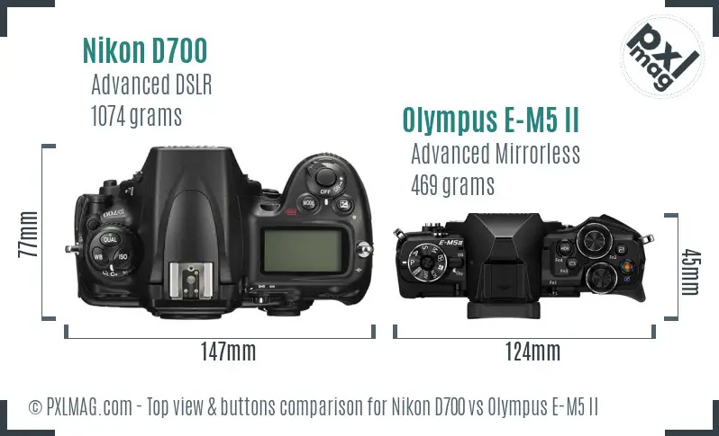 Nikon D700 vs Olympus E-M5 II top view buttons comparison Nikon D700 vs Olympus E-M5 II top view buttons comparison