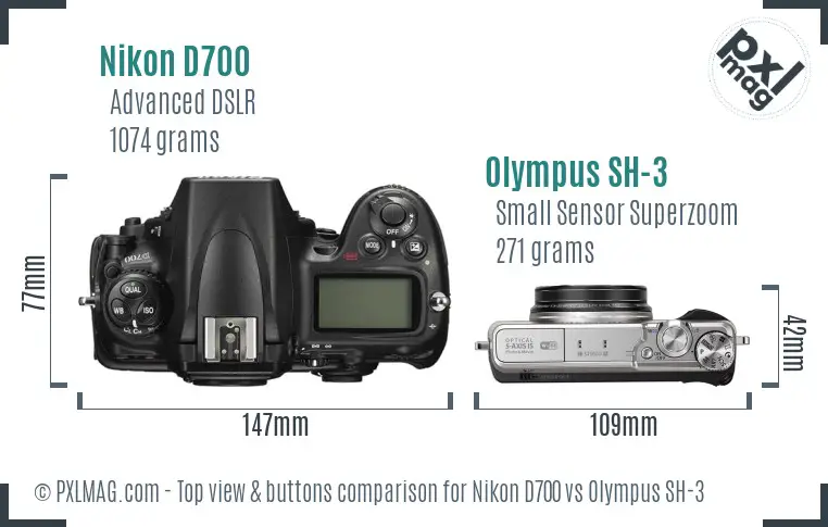Nikon D700 vs Olympus SH-3 top view buttons comparison