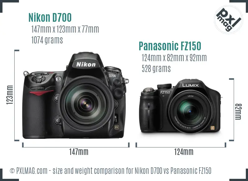 Nikon D700 vs Panasonic FZ150 size comparison