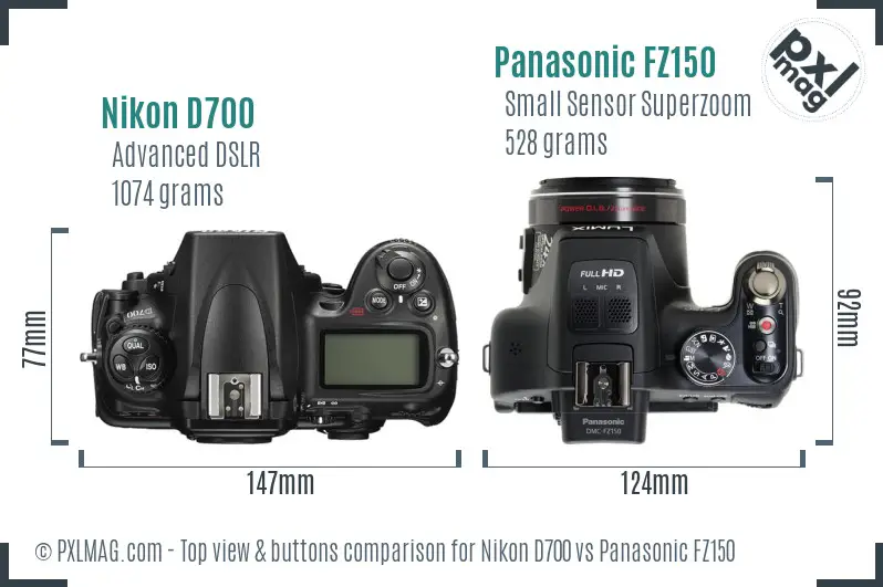 Nikon D700 vs Panasonic FZ150 top view buttons comparison