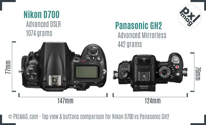 Nikon D700 vs Panasonic GH2 top view buttons comparison