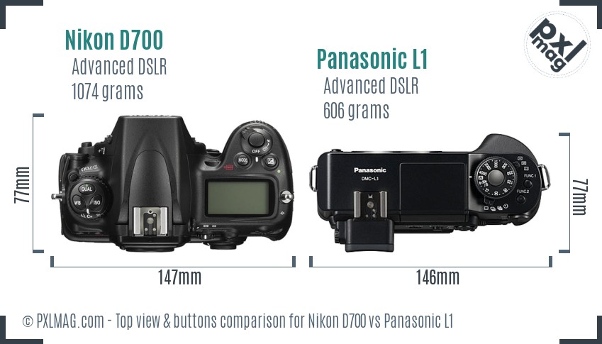 Nikon D700 vs Panasonic L1 top view buttons comparison