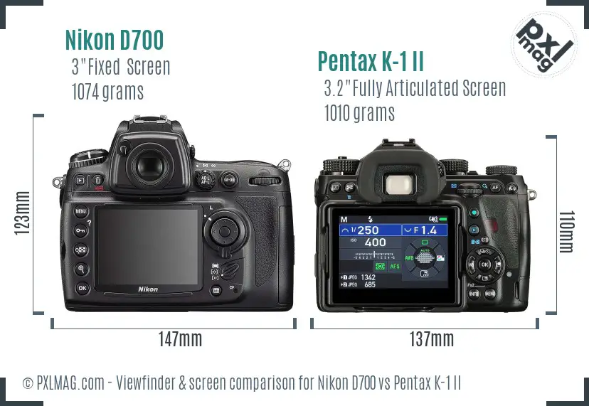 Nikon D700 vs Pentax K-1 II Screen and Viewfinder comparison
