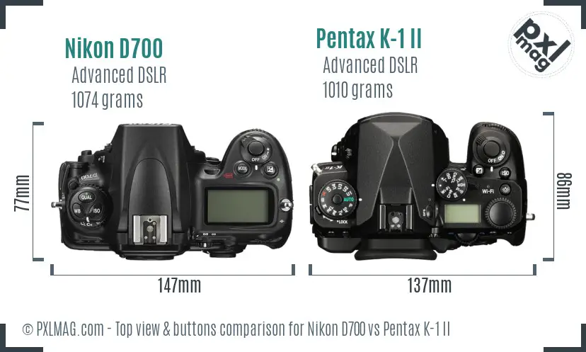 Nikon D700 vs Pentax K-1 II top view buttons comparison