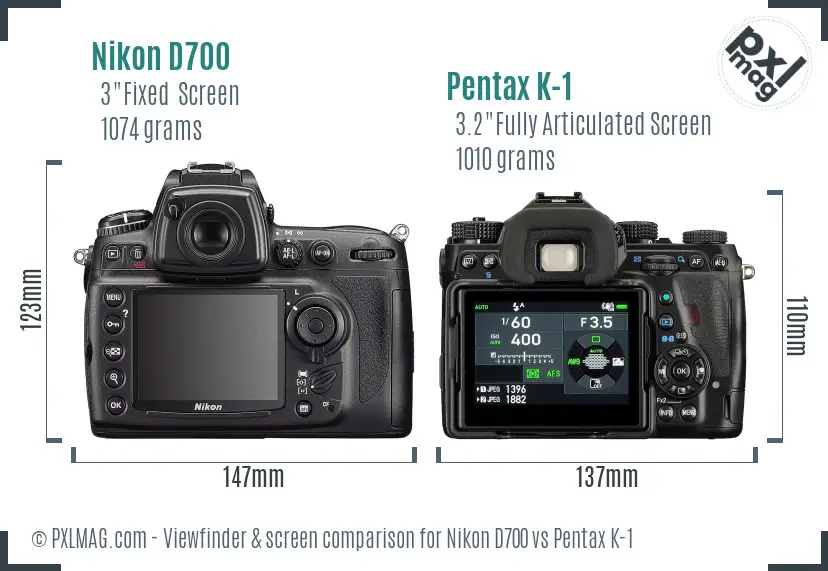 Nikon D700 vs Pentax K-1 Screen and Viewfinder comparison