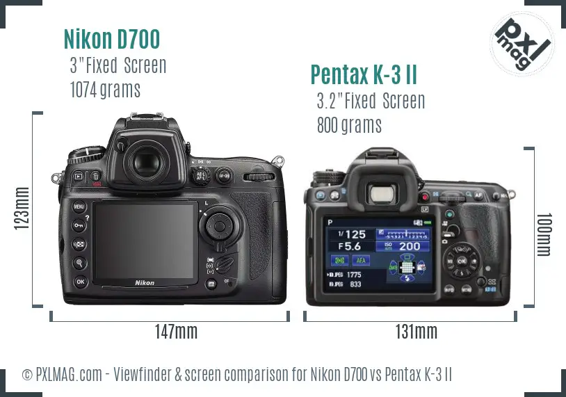 Nikon D700 vs Pentax K-3 II Screen and Viewfinder comparison