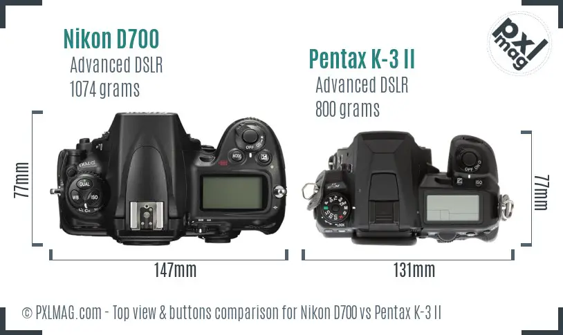 Nikon D700 vs Pentax K-3 II top view buttons comparison