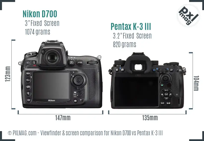 Nikon D700 vs Pentax K-3 III Screen and Viewfinder comparison