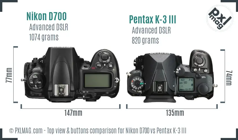 Nikon D700 vs Pentax K-3 III top view buttons comparison
