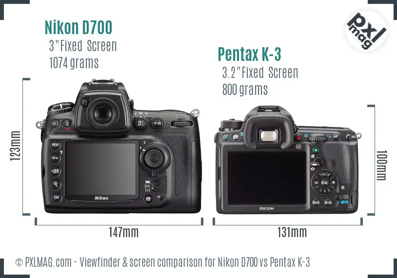 Nikon D700 vs Pentax K-3 Screen and Viewfinder comparison