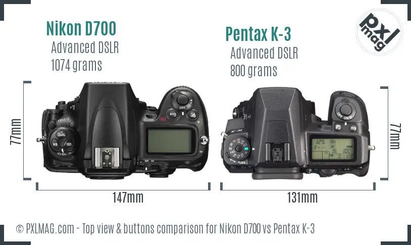 Nikon D700 vs Pentax K-3 top view buttons comparison