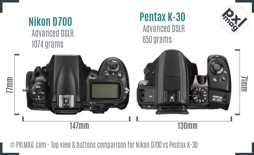 Nikon D700 vs Pentax K-30 top view buttons comparison