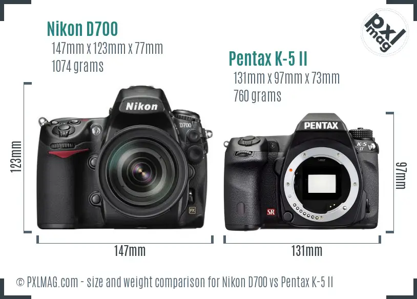 Nikon D700 vs Pentax K-5 II size comparison