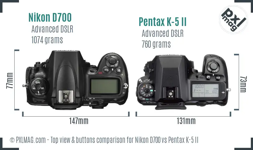 Nikon D700 vs Pentax K-5 II top view buttons comparison