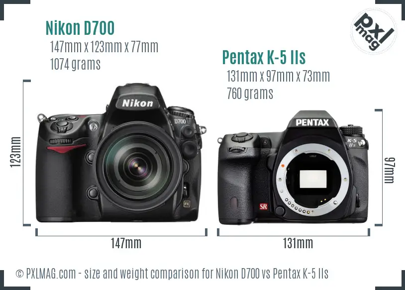 Nikon D700 vs Pentax K-5 IIs size comparison