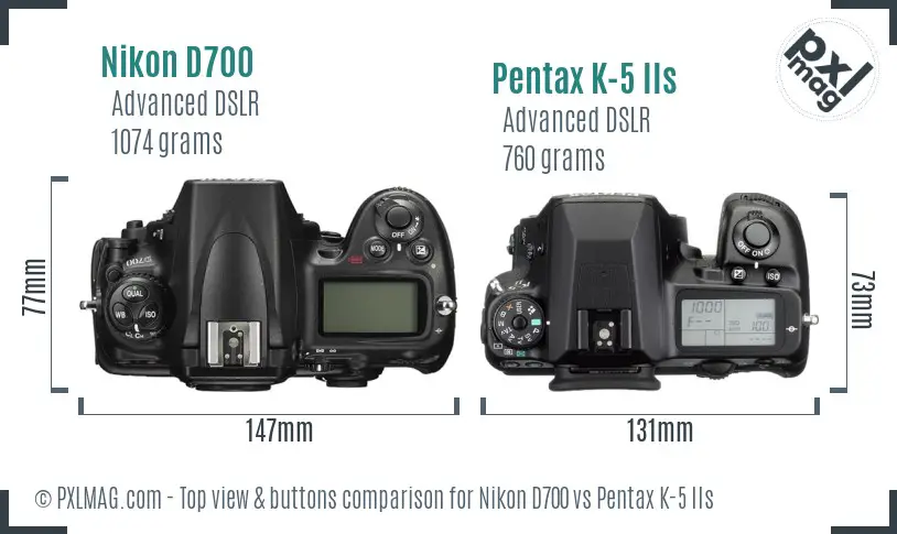 Nikon D700 vs Pentax K-5 IIs top view buttons comparison
