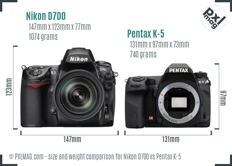 Nikon D700 vs Pentax K-5 size comparison