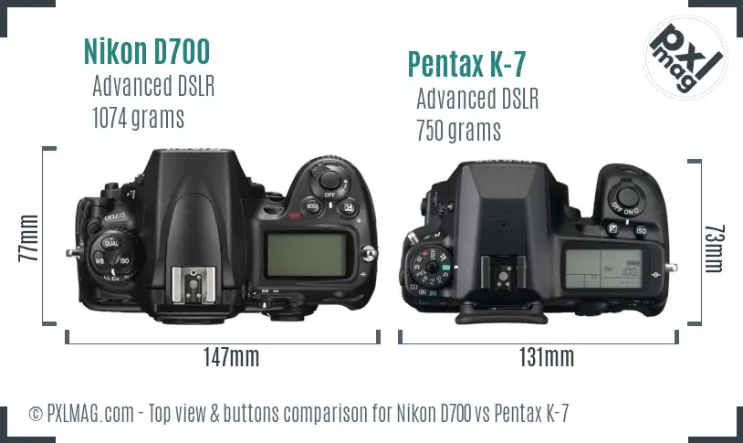 Nikon D700 vs Pentax K-7 top view buttons comparison