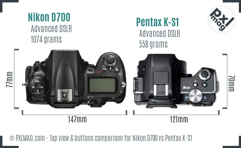 Nikon D700 vs Pentax K-S1 top view buttons comparison