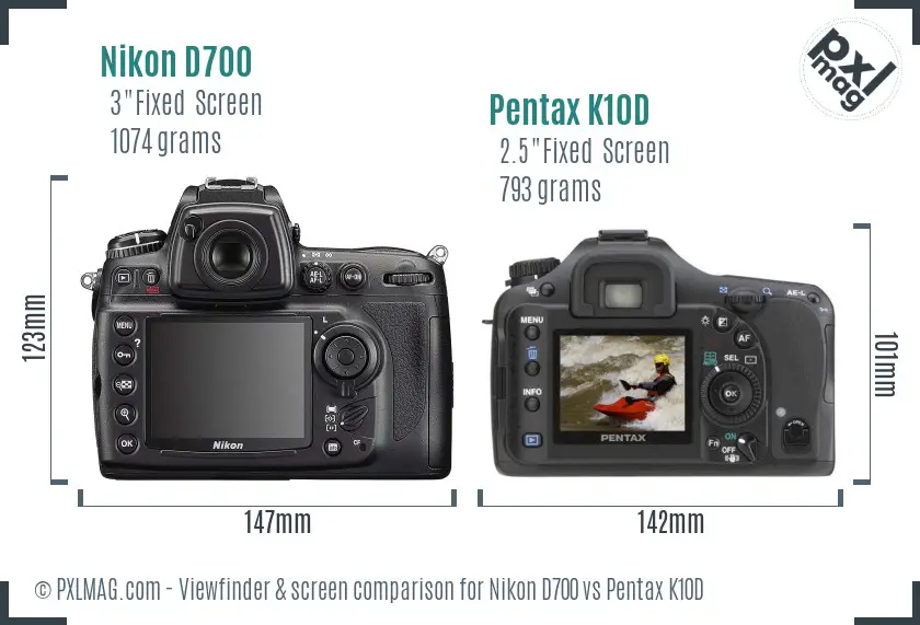 Nikon D700 vs Pentax K10D Screen and Viewfinder comparison