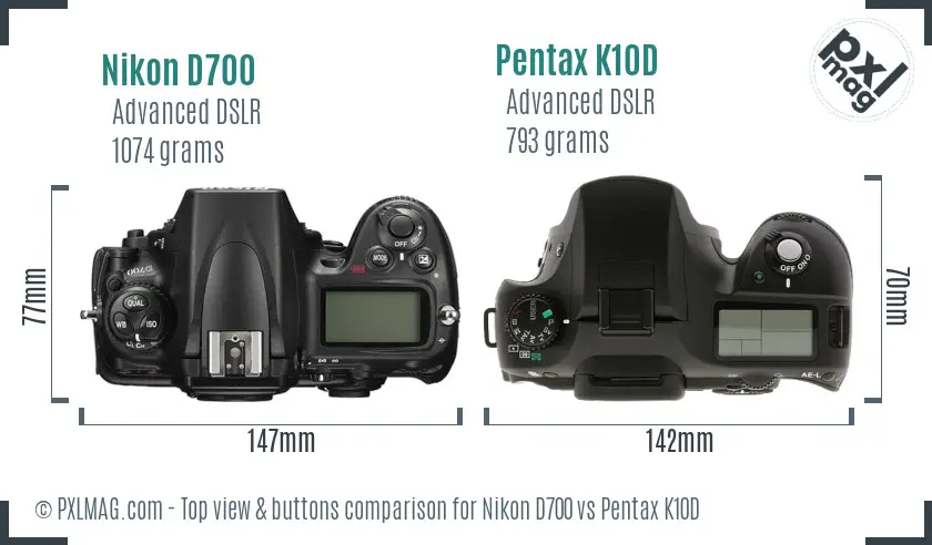 Nikon D700 vs Pentax K10D top view buttons comparison