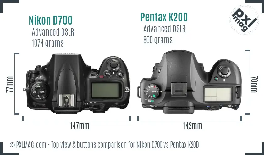 Nikon D700 vs Pentax K20D top view buttons comparison