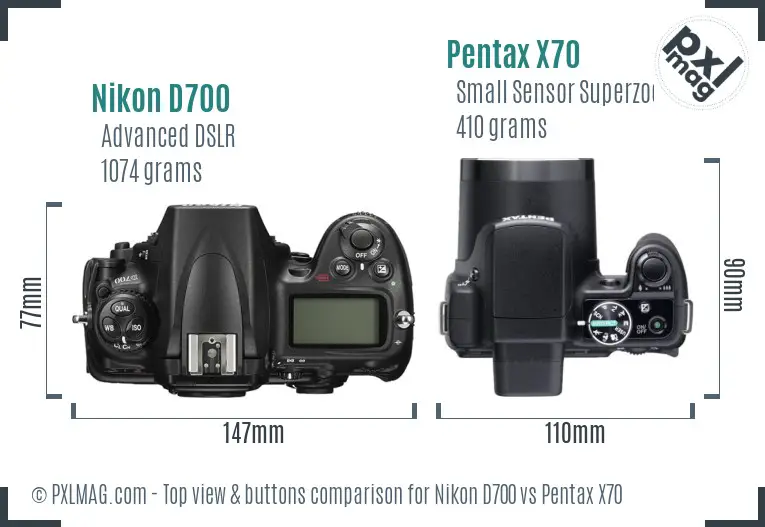 Nikon D700 vs Pentax X70 top view buttons comparison