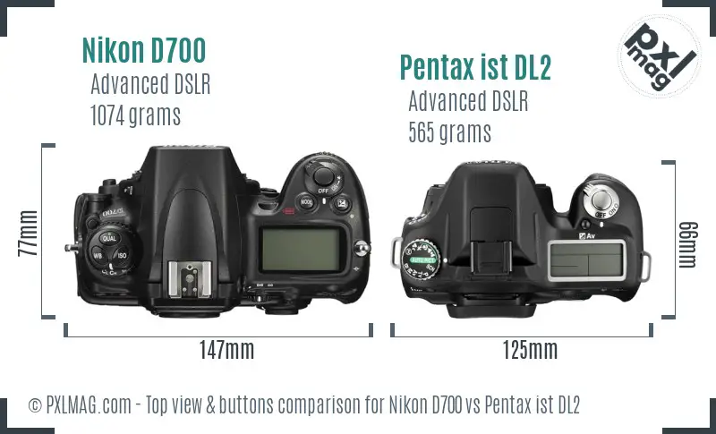 Nikon D700 vs Pentax ist DL2 top view buttons comparison