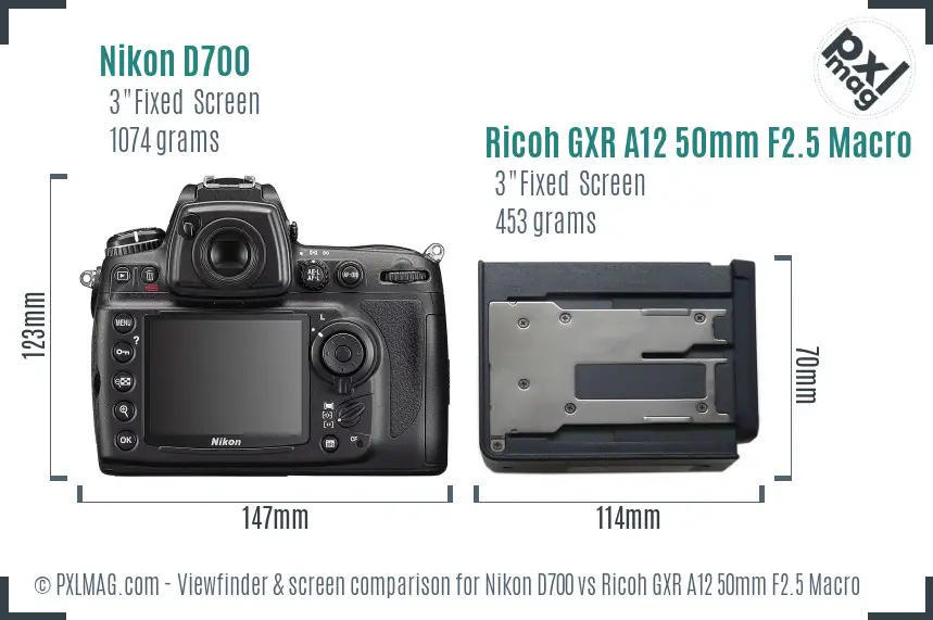 Nikon D700 vs Ricoh GXR A12 50mm F2.5 Macro Screen and Viewfinder comparison
