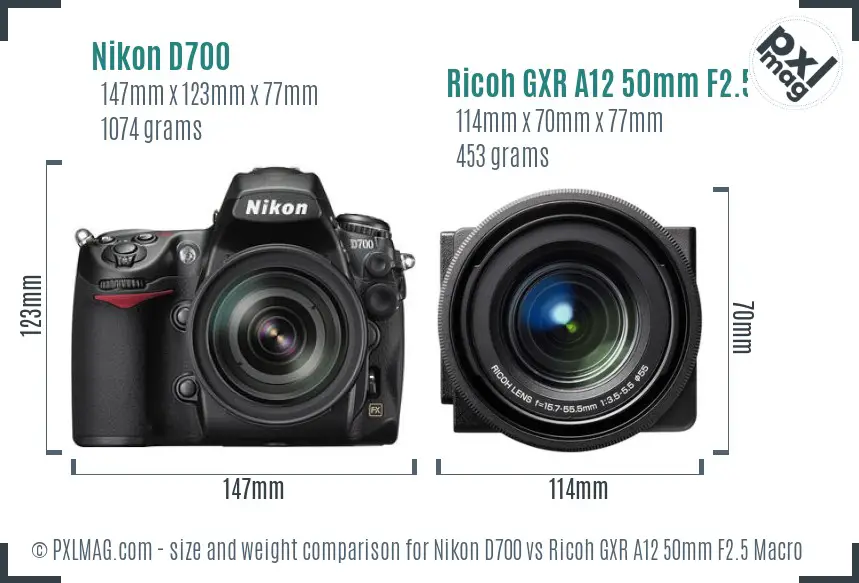 Nikon D700 vs Ricoh GXR A12 50mm F2.5 Macro size comparison