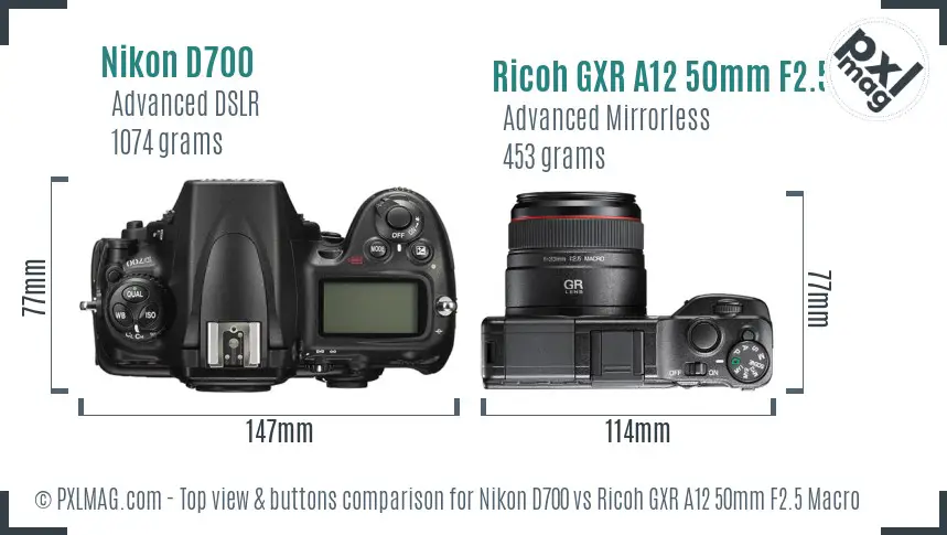 Nikon D700 vs Ricoh GXR A12 50mm F2.5 Macro top view buttons comparison