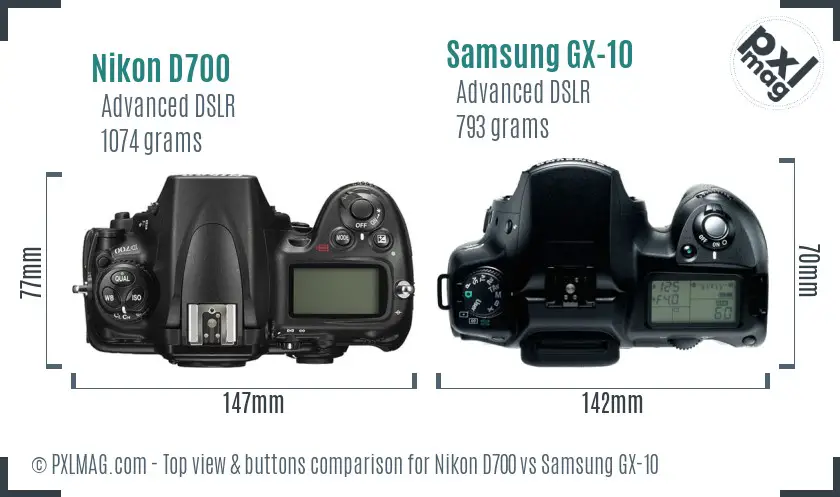 Nikon D700 vs Samsung GX-10 top view buttons comparison