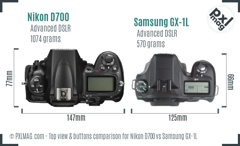 Nikon D700 vs Samsung GX-1L top view buttons comparison