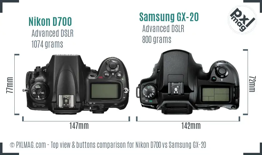 Nikon D700 vs Samsung GX-20 top view buttons comparison