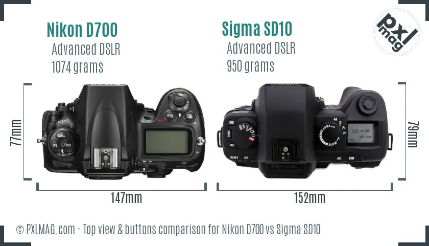 Nikon D700 vs Sigma SD10 top view buttons comparison